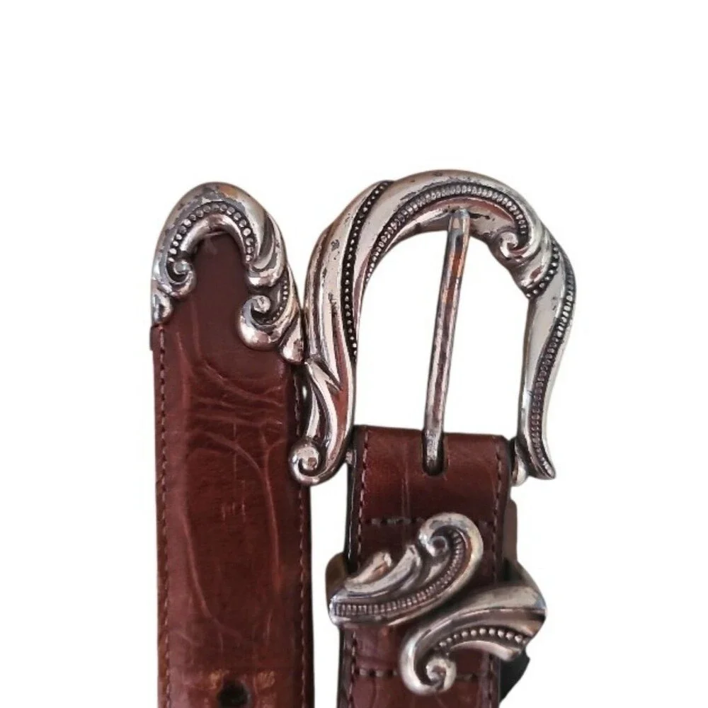 Brighton Vintage Leather Belt Women’s M Brown Silver Scroll Buckle Western USA